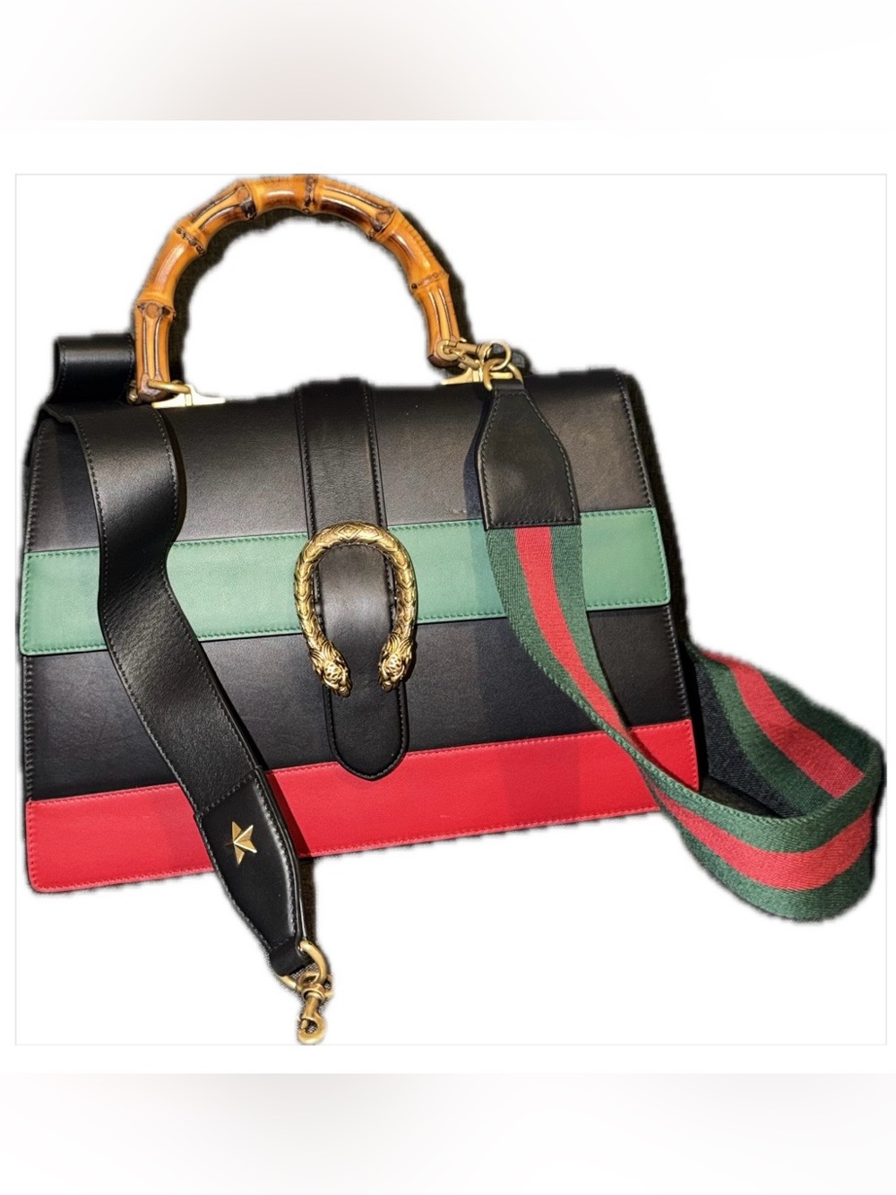 Gucci Black, Green & Red Leather Top-Handle Satchel with Bamboo Handle